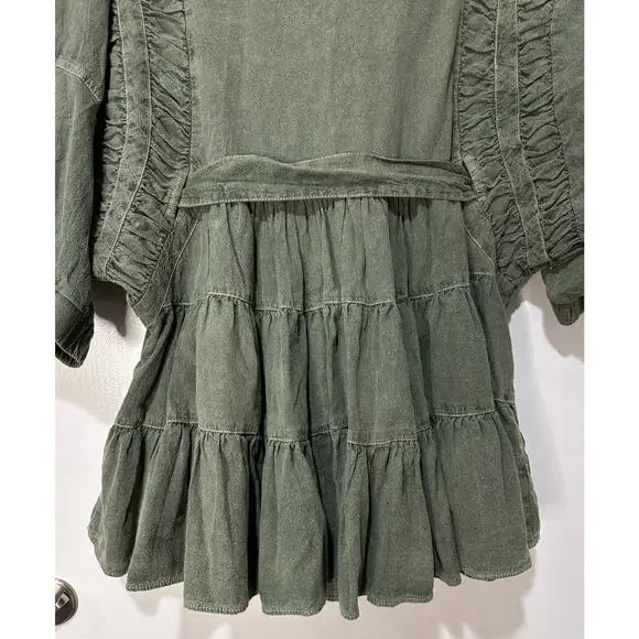 Free People Hampton Belted Mini Dress Crystal Kelp Cotton Size Medium NWOT Chic Mini